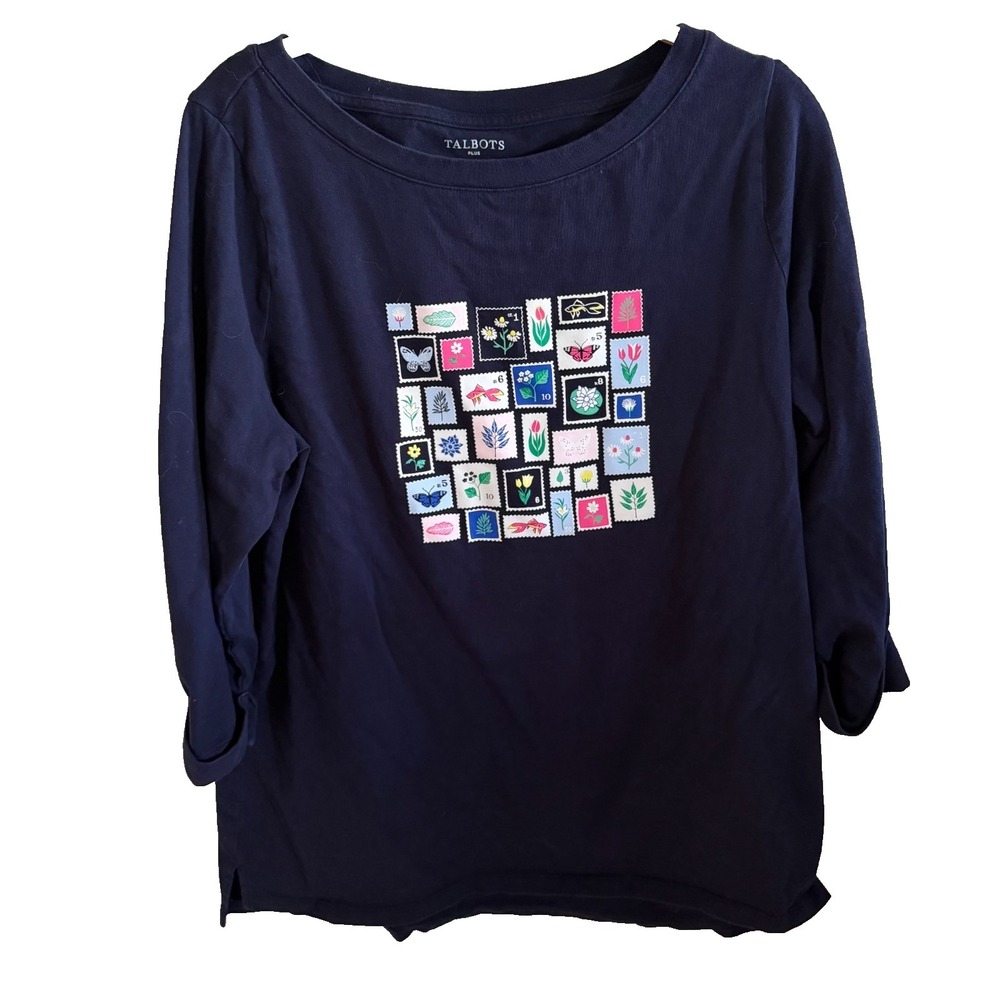 Talbots Postage Stamps Shirt Women's 1X 100% Cotton Navy Blue Top  Classic Trave